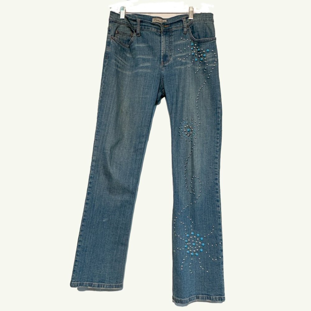 3.	Denim Jeans, medium-blue and decorated with studs and beads